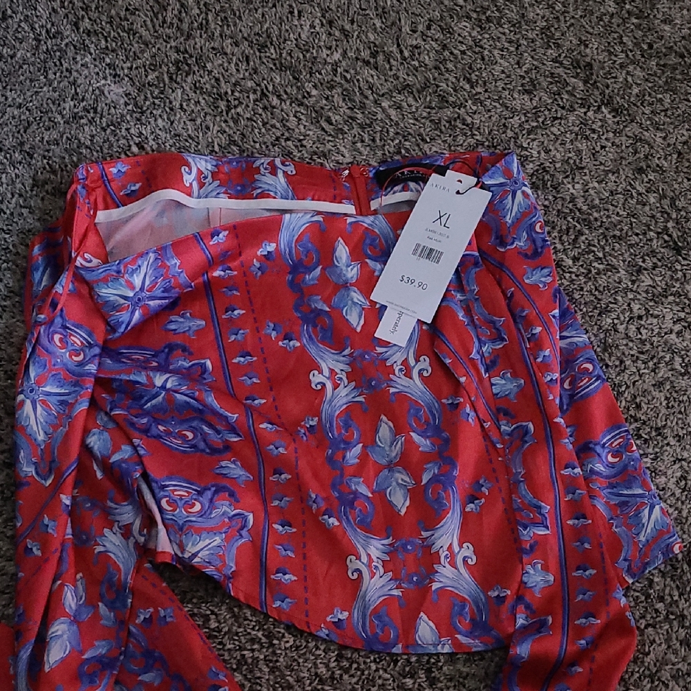 AKIRA Vibrant Red Skirt with Blue Floral Design